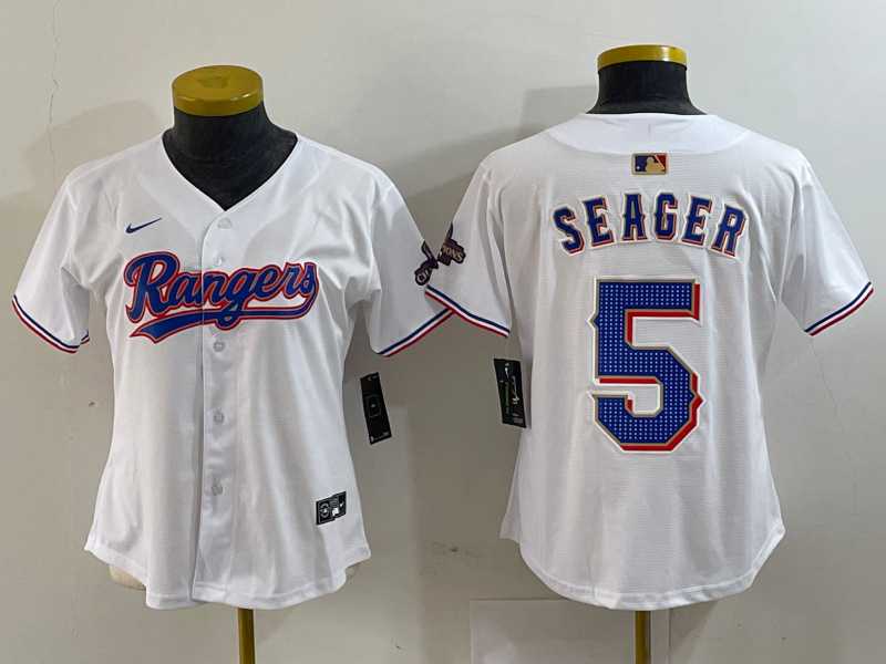Womens Texas Rangers #5 Corey Seager White 2024 Gold Collection Limited Cool Base Jersey